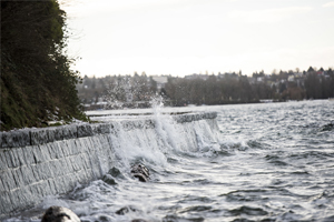 Waves crashing against seawall