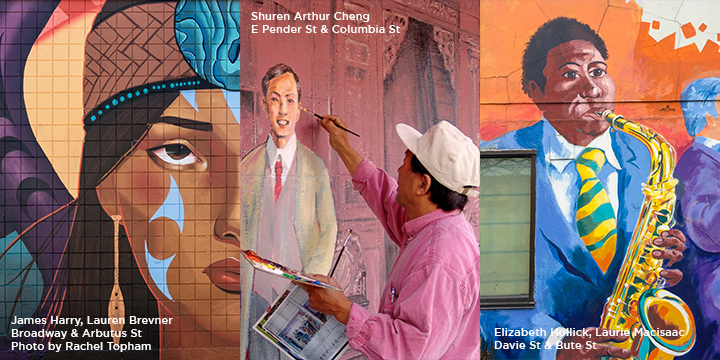 Person painting an outdoor mural Person painting an outdoor mural