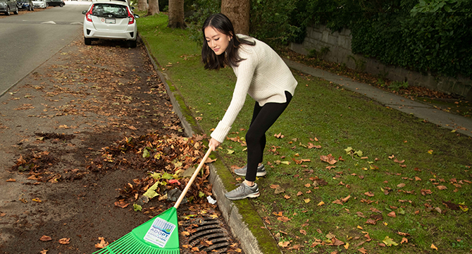 Woman clearing a catch basin with a rake Woman clearing a catch basin with a rake