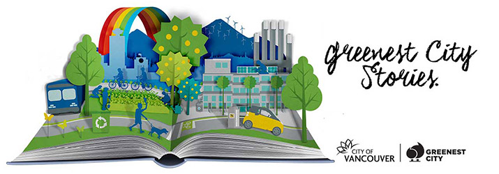 Pop-up book of a green city with fruit trees, a bus, people cycling and walking, an electric car, power from renewable energy sources, and a rainbow