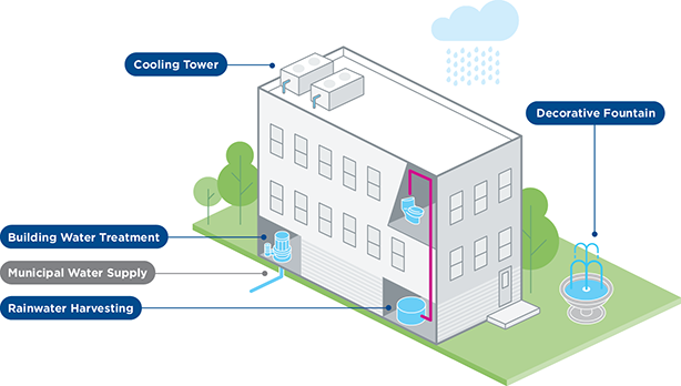 Infographic of where a cooling tower, building water treatment, municipal water supply, rainwater harvesting, and decorative fountain are featured near a building Infographic of where a cooling tower, building water treatment, municipal water supply, rainwater harvesting, and decorative fountain are featured near a building