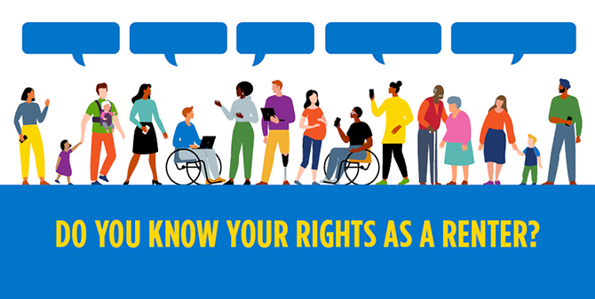 Cartoon of multiple people asking questions with caption do you know your rights as a renter? Cartoon of multiple people asking questions with caption do you know your rights as a renter?