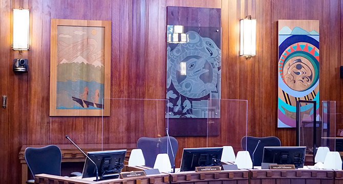 Art work of Jody Broomfield of Squamish Nation, Jordan Gallie of Tsleil-Waututh, and Chrystal Sparrow of Musqueam, which hangs at City Hall Council Chambers. Art work of Jody Broomfield of Squamish Nation, Jordan Gallie of Tsleil-Waututh, and Chrystal Sparrow of Musqueam, which hangs at City Hall Council Chambers.